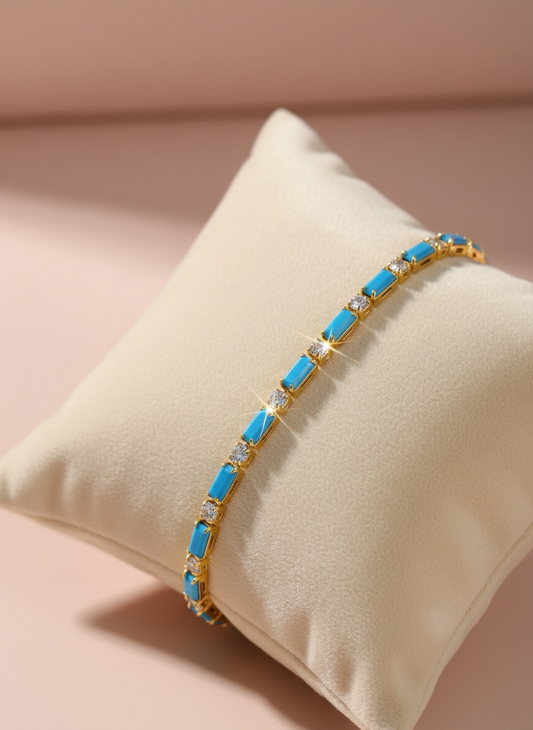 Inlaid Cubic Zirconia And Turquoise Tennis Bracelet