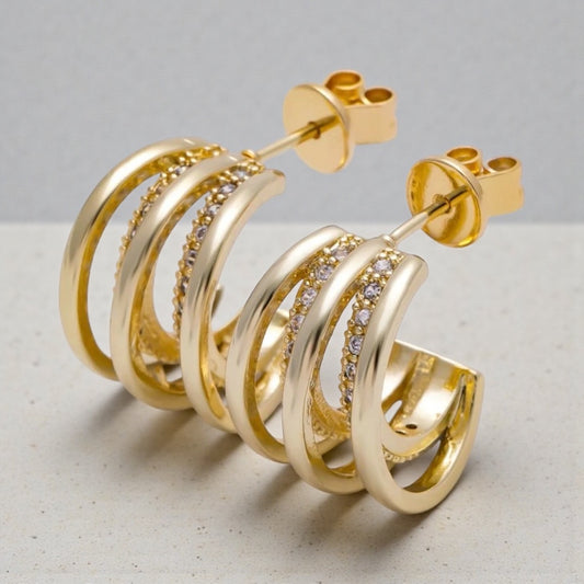 Triple Band C-Shape Micro Paved Earrings