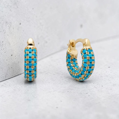 Turquoise CZ Chubby Latch Hoop Earrings
