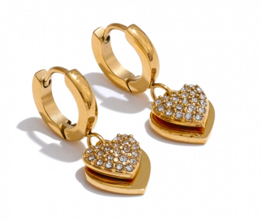 Double Heart CZ Drop Hoop Earrings