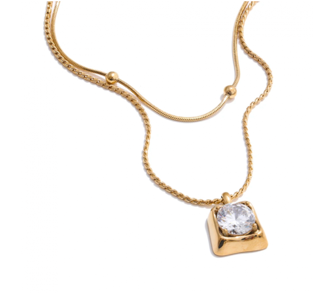 Double Layer Square CZ Pendant Necklace