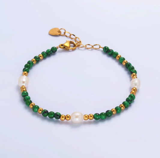 Ringed Freshwater Pearl Malachite Bracelet