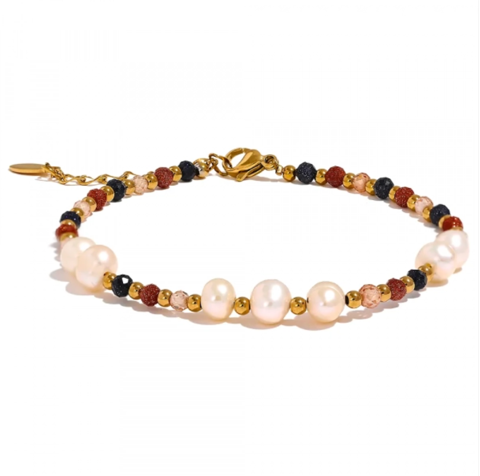Natural Stone Freshwater Pearl Bead Chain Bling Bracelet