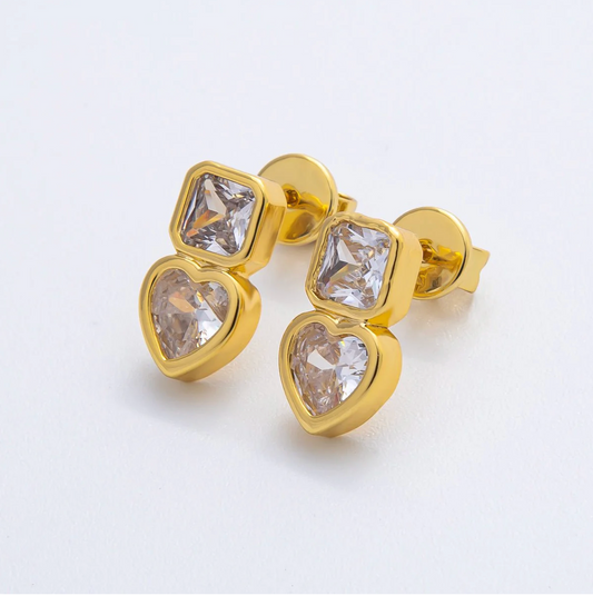 CZ Square Heart Drop Stud Earrings