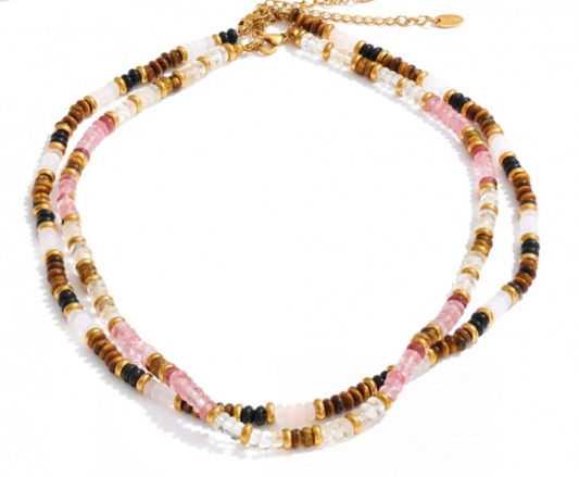 Natural Tiger Pink Stone Beaded Necklace