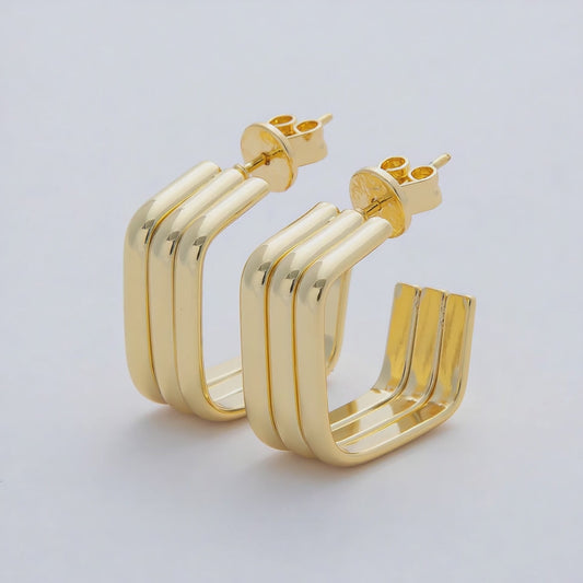 Triple Band Square C-Shaped Hoop Earrings